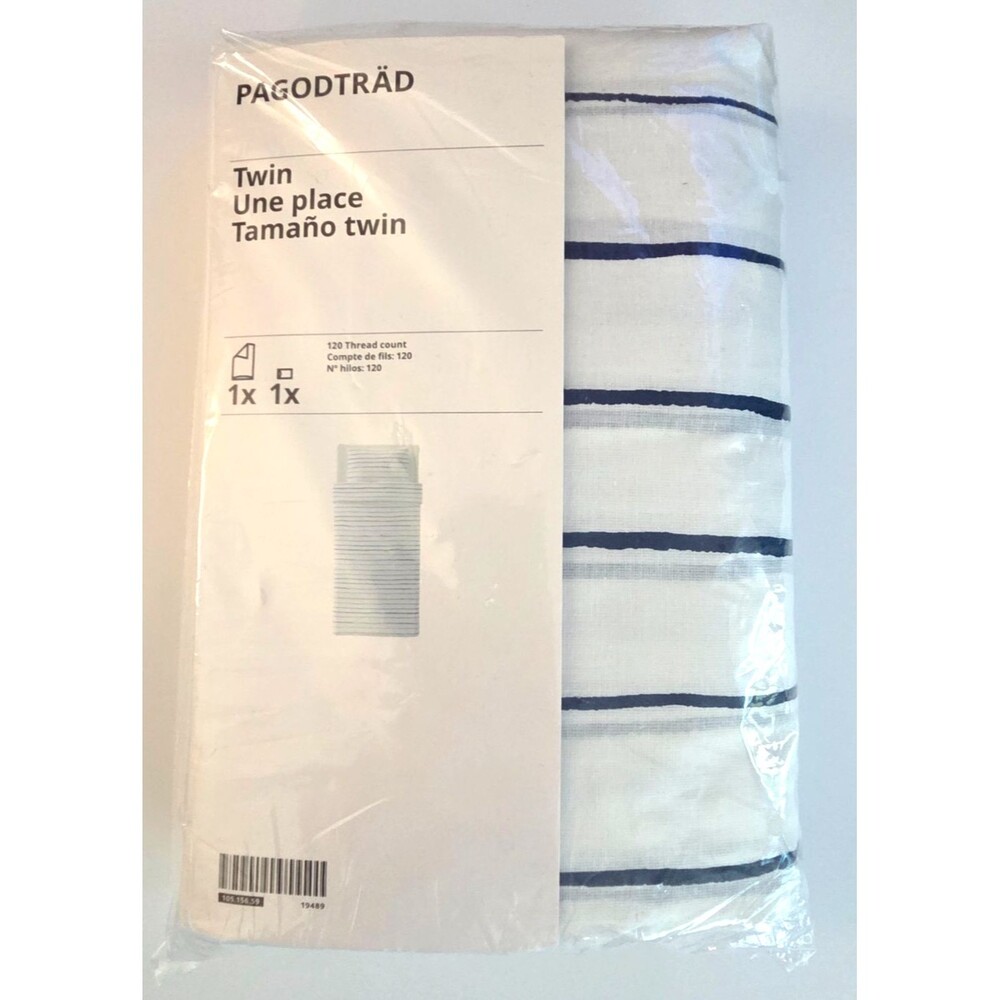 IKEA PAGODTRAD Twin Duvet Cover and Pillowcase White Dark Blue Navy Stripe Set